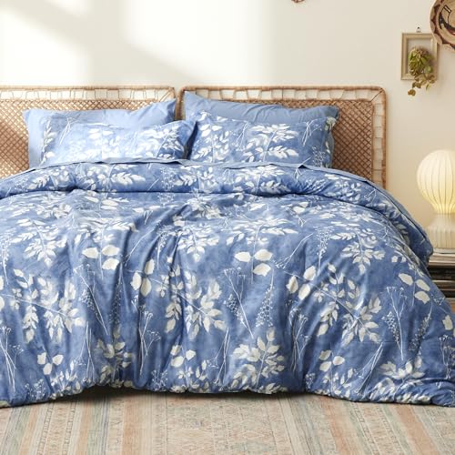 Image of Bedsure Full Size Comforter Set - 7 Pieces Floral Blue Soft Bedding Sets, Full Bed in a Bag with Botanical Flowers Comforter, Sheets, Pillowcases & Shams