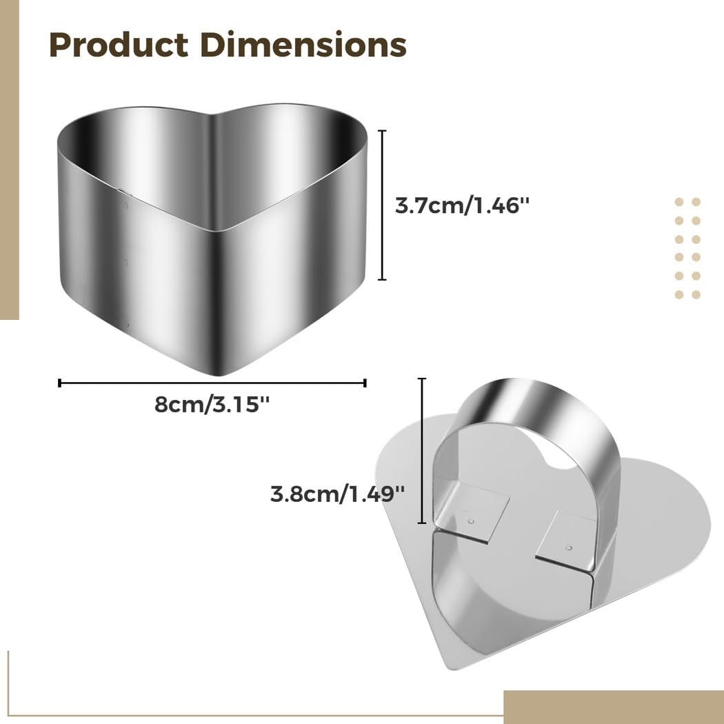Baking Biscuits Pancakes With Pusher, Heart-Shape Dessert Molds, Mousse Ring Molds 12 Pcs Set, Stainless Steel Cake Rings, 3.15 In X 1.46 In