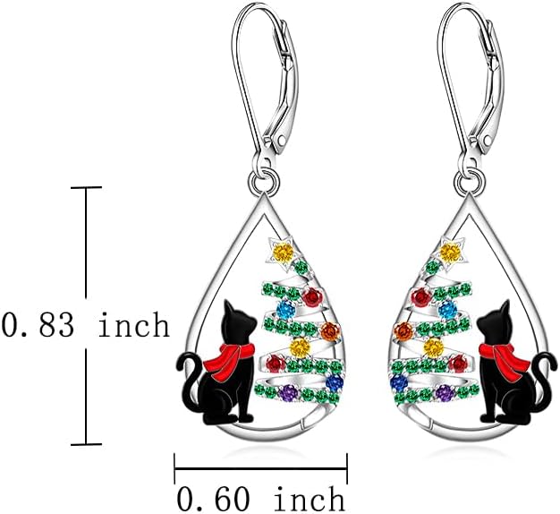 Black Cat Earrings Christmas Tree Earrings for Women Sterling Silver Dangle Cat Earring Holiday Leverback Halloween Christmas Cats Gifts - Image 5