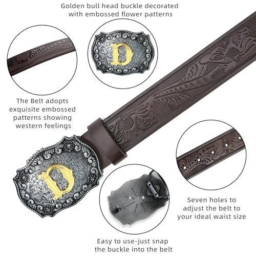 Image of Mens Western Cowboy Cowgirl Faux Leather Belt Longhorn Bull Pattern Letter Big Buckle Embossed Floral Belts