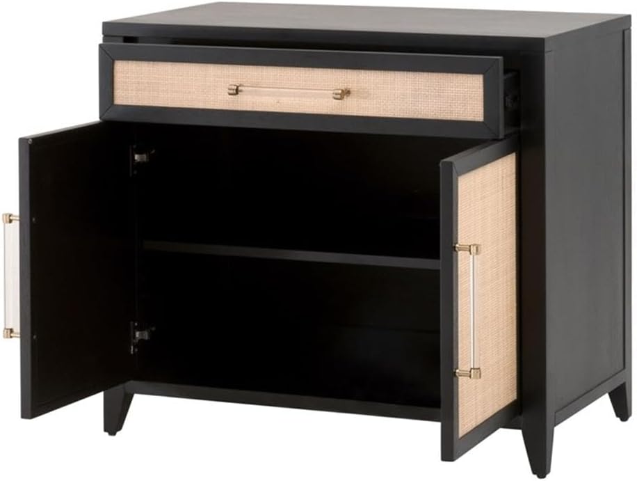 Pemberly Row Compact Wood Media Chest, 30"H x 34"W x 19"D, Brushed Black Acacia and Natural Rattan, Adjustable Shelf, Cord Management, Drawer with Brass/Acrylic Hardware, Transitional Style for Small