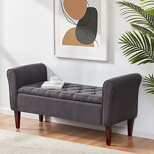 Image of Upholstered Flip Top Storage Armrest Bench Ottoman Pouffe Puffy Settee 2 Seater Sofa Footstool for Livingroom Bedroom Office Hotel Guestroom (Grey) - Sal Wood