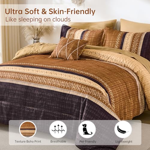 Image of Dintszyayue Boho King Comforter Size Set, 8 Pieces Striped Texture Gold Purple Bed in a Bag Sets, Lightweight Soft Bohemian Comforter and Sheet Set, All Season Microfiber Bedding Sets for Men Women