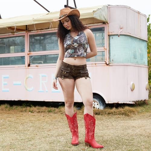 Image of IUV Cowboy Boots For Women Western Cowgirl Boots Mid Calf Snip Toe | Chunky Heel Ideal for low insteps