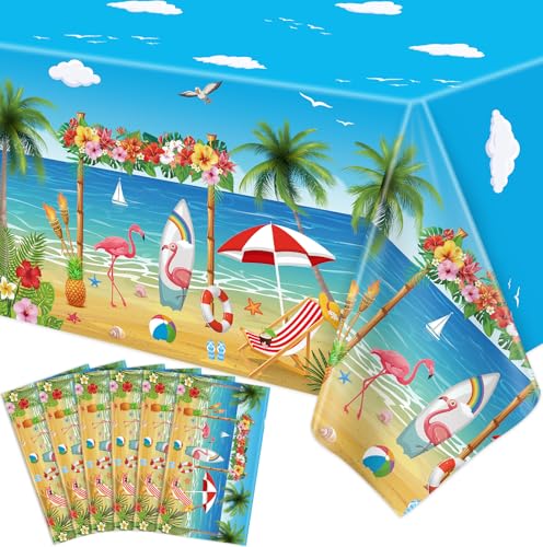 Image of 6 Pack Beach Theme Party Tablecloth Aloha Luau Hawaiian Birthday Table Cloth Flamingo Surfboard Table Cover Disposable Pool Decorations for Baby Showers Seaside Beach Pool Party 86x51 in