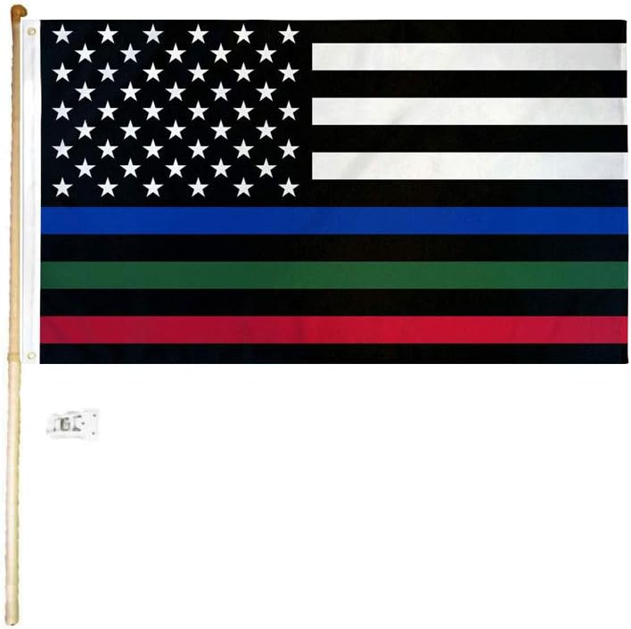 3x5 3'x5' USA Thin Blue Green Red Line Polyester Flag With 5' (Foot) Flag Pole Kit With Wall Mount Bracket & Screws (Imported)