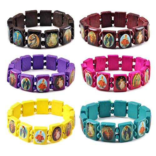 yantu Elastic Strechable Wooden Small Panel Bracelet with Images of Religious Saints, Jesus and Rosary