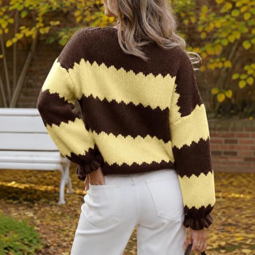 Striped Sweater Women Color Block Ruffle Long Sleeve Pullover Sweater - image 3