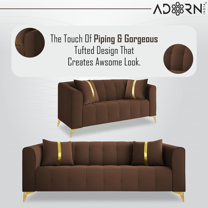 Image of Adorn India Premium Mystic - 3 Years Warranty - 3+2+1 Sofa Set Velvet Suede Fabric - Brown