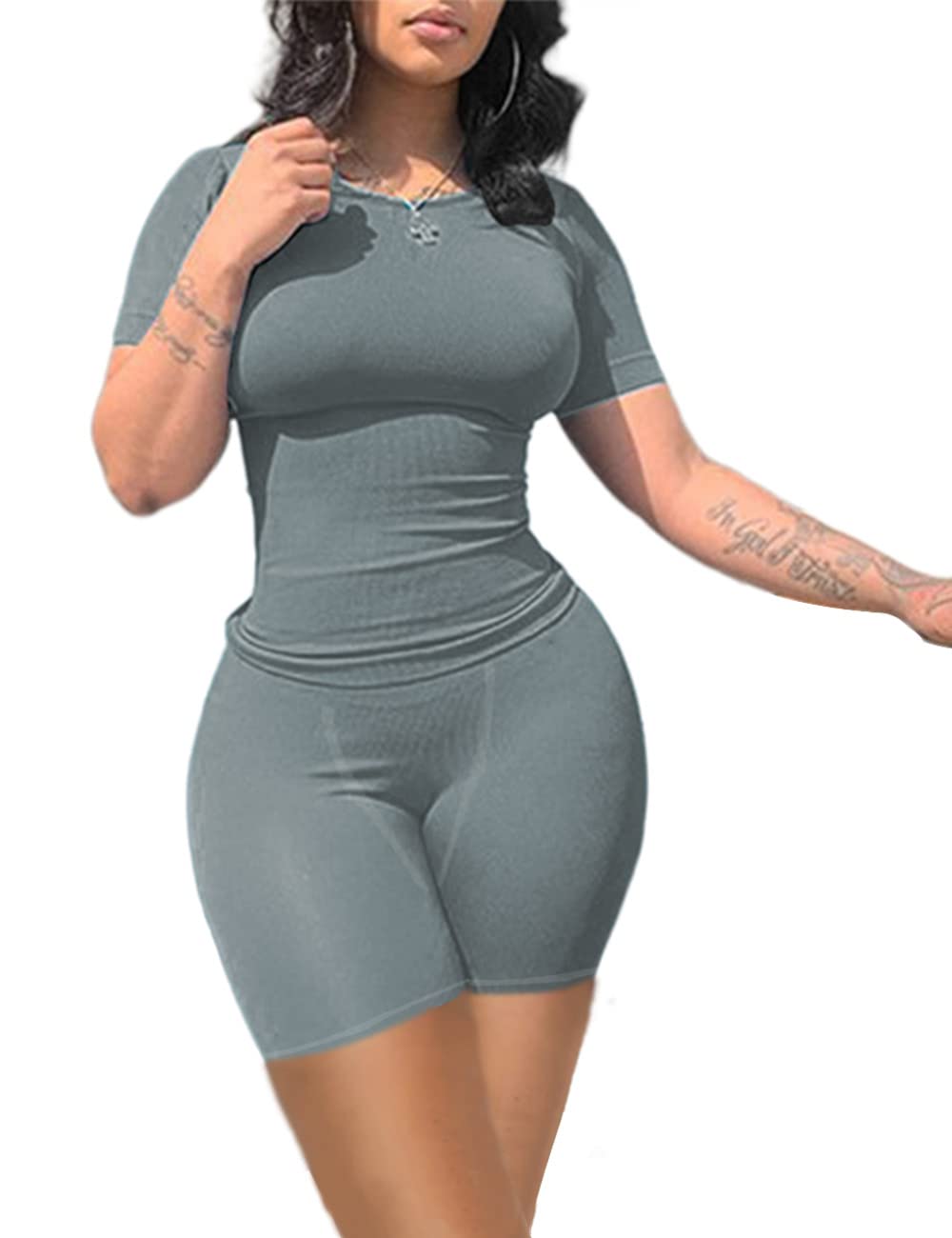 vyolu Lounge Wear Ribbed Casual 2 Piece Tracksuit Set Women Solid Skinny Short Sleeve O-Neck Top+Mid Waist Elastic Leggings