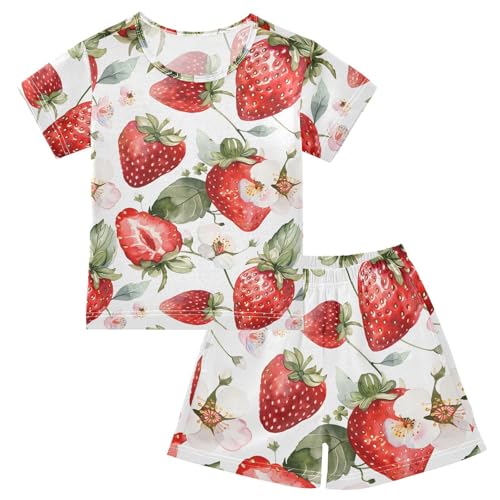 ALAZA Watercolor Strawberry Blossom White Pajamas Short Sleeve 2 Piece Sleepwear Top and Bottom Pajama Set Unisex