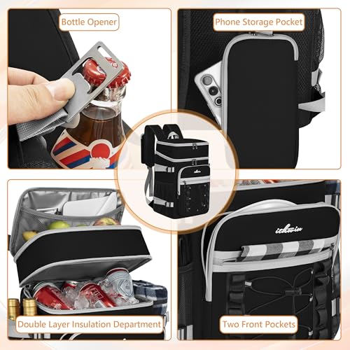 Image of Cooler Backpack, 40 Cans Insulated Lunch Backpack Picnic Backpack for Men&Women, Durable Cooler Bag with 2 Leak Proof Compartments for Picnic, BBQ Camping, Lunch, Beach, Hiking, Black