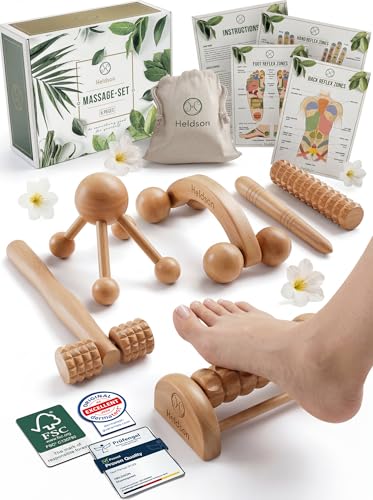 HELDSON® Kit de massage en bois de qualité supérieure [6 pièces] FSC® 100% – Outils pour massage des pieds...