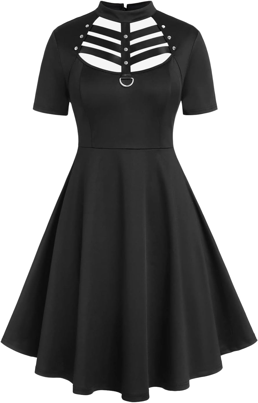 ROSE GALROSE GAL Rosegal Gothic D-ring PU Leather Panel Ladder Cutout Dress(Black-214/1X)