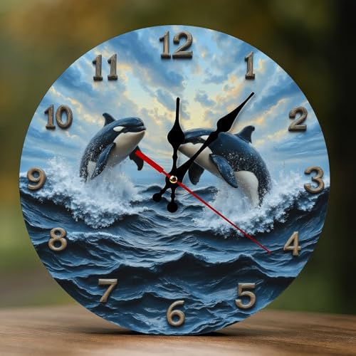 Nevjipu Dekorative Wanduhren, batteriebetrieben, 25,4 cm, modernes Holz, realistischer blauer Orca-2D-Druck, nicht tickend, geräuschlos, Wanduhren für Wohnzimmer, Schlafzimmer, Büro, Küche, Badezimmer