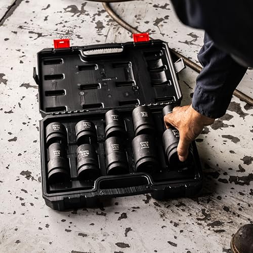 Image of Sunex 5690A, 1 Inch Drive Heavy Duty Wheel Impact Socket Set, 10-Piece, SAE /Metric, Deep /Deep Thin Wall /Square /Controlled Depth, Cr-Mo Steel, Storage Case, Black