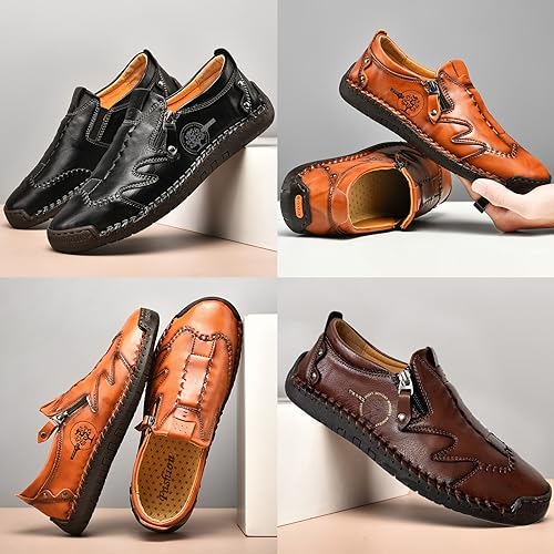 Men's Slip On Loafers Leather Casual Shoes,Lightweight Comfy Vintage Hand-Stitching Zip Driving Walking Sneakers3