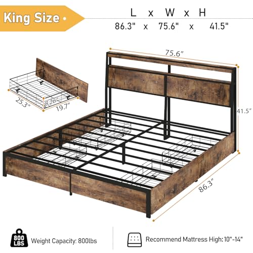 Image of King Size Bed Frame with 4 Storage Drawers, King Bed Frame,, Vintage Brown | LED Light, Charging Station, Wood Headboard, Metal Platform, No Box Spring Needed, Noise Free, Easy Assembly