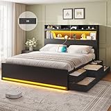 DICTAC Queen Bed Frame with Storage Headboard & 5 Drawers, LED Bed Frame Queen Size with Charging Station, Wooden Platform Storage Bed with Heavy-Duty Metal Support, No Box Spring Required, Noise-Free