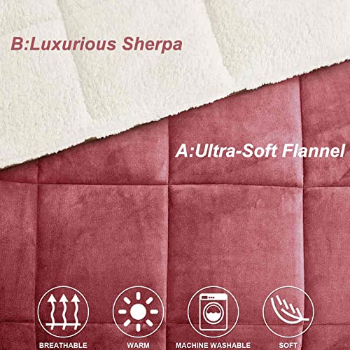 Micromink Sherpa Full Size Comforter Set 3 Pcs, Mauve Red Velvet Flannel Ultra-Soft Down Alternative Modern Bedding , All Season Duvet Bed Sets In A Bag For Women Girl , 80 X90 Plush Fleece, Dark Pink #TOP1