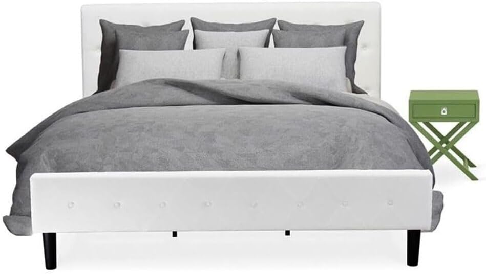 HomeStock African Artistry 2 Piece Bedroom Set - Button Tufted Platform Bed Frame - Velvet Fabric Upholstered Headboard and A Nightstand King/Clover Green/White
