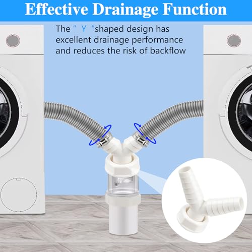 Abfluss Waschmaschine Doppelanschluss Y-Adapter 1 Zoll, Universeller Waschmaschinenanschluss für Trockner & Geschirrspüler, Siphon Anschluss Set mit Schlauchschellen & Dichtungen (19-24mm)