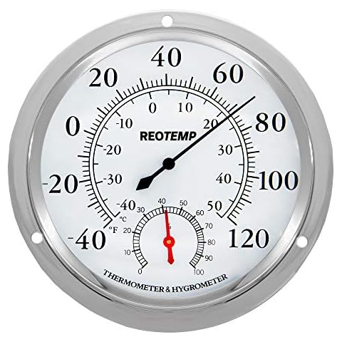 REOTEMP Wall Thermometer Hygrometer, Analog, 5.75" Polished Metal 304SS and Glass, Humidity and Temperature Monitor (-40 to 120 F&C) Cover