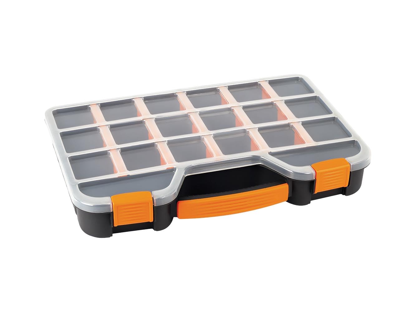 Perel Scatola assortimento in plastica, max 20 scomparti con 16 divisori rimovibili, coperchio trasparente, impilabile, per viti dadi chiodi e piccoli componenti, officina garage