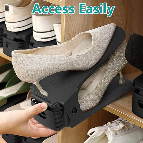 Image of Double Deck Shoe Organizer | Adjustable Height 8-15 cm Plastic Shoe Slots Space Saver | Shoe Holder Stand for Wardrobe, Closet & Shoe Rack Storage (25 x 9.8 cm, Pack of 5)