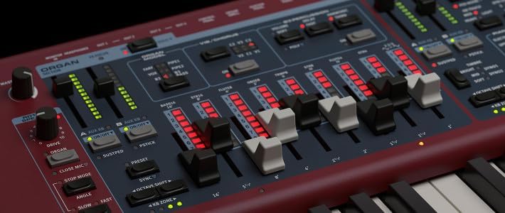 Close-up view of the Organ section on the Nord Stage 4 88 control panel, featuring physical drawbars with LED indicators.