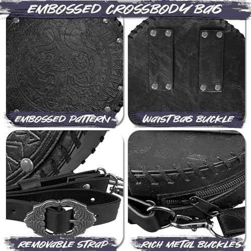 Image of HiiFeuer Viking Embossed Crossbody Bag, Nordic Faux Leather Belt Bag Satchel Bag, Medieval Portable Cosplay Shoulder Bag | Embossed