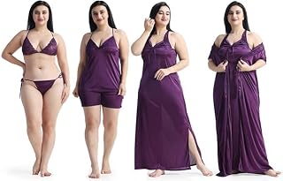 Erad Satin 6-Piece Nightwear Set for Women | Coral Pink Lace-Trim Sleepwear with Robe, Nighty, Cami Top & Shorts | Soft Si... Price In India