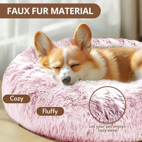 Image of JOLLYVOGUE Calming Dog Bed Medium Size Dog, 31in Donut Washable Medium Pet Bed, Anti-Slip & Anti-Anxiety Fluffy Faux Fur Round Dogs Bed, Fits up to 45 lbs Pets (Smoke Pink)