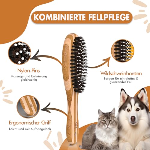 Bambus Kombi Hundebürste & Katzenbürste I Glätten und Entfilzen I kurz - mittellangem Fell geeignet I Hundekamm für Unterwolle I + Gratis Pflegehandbuch