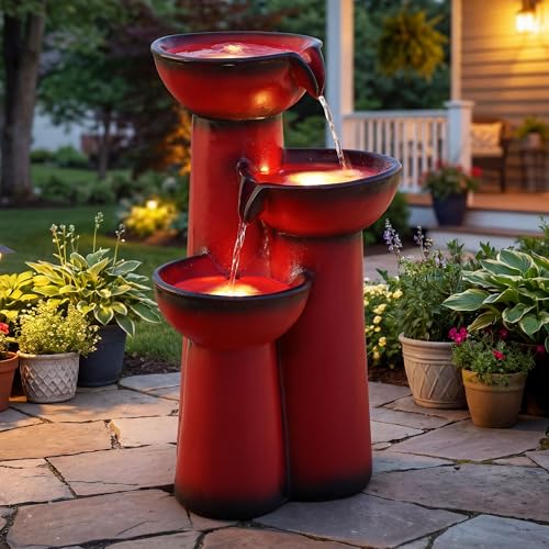 Ultym 27 Outdoor Water Fountain with LED Lights 3-Tier Cascading Faux Ceramic Column Water Feature with Pump for Garden Patio Backyard Weather-Resistant Resin Waterfall for Serene Oasis Red