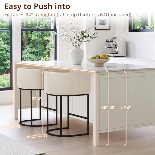 Image of LUE BONA Counter Height Bar Stools Set of 2, Modern Barrel Counter Stools with Backrest and Arms, Black Metal Frames, Linen Fabric Upholstered Accent Barstools for Kitchen Island, Linen Color