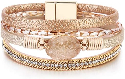 FANCY SHINY Leather Wrap Bracelet Boho Cuff Bracelets Crystal Bead Bracelet with Clasp Jewelry Gifts for Women Teen Girls(7.7", Gold)