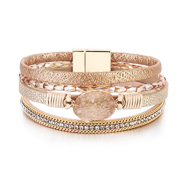 FANCY-SHINY-Leather-Wrap-Bracelet-Boho-Cuff-Bracelets-Crystal-Bead-Bracelet-with-Magnetic-Clasp-Jewelry-Gifts-for-Women-Teen-Girls FANCY SHINY Leather Wrap Bracelet Boho Cuff Bracelets Crystal Bead Bracelet with Clasp Jewelry Gifts for Women Teen Girls(7.7", Gold)