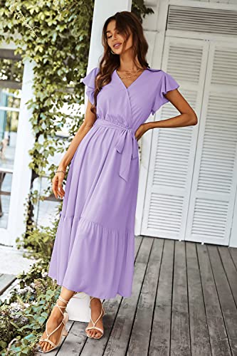 PRETTYGARDEN Women's Summer Floral Boho Maxi Dress Wrap Short Sleeve V Neck Ruffle A-Line Flowy Wedding Guest Long Dresses
