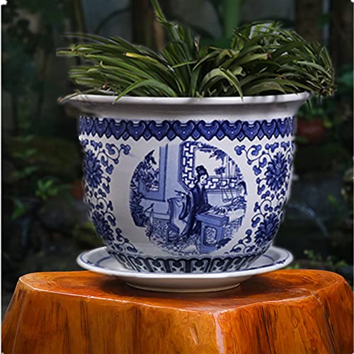 特大シノワズリ青と白の磁器植木鉢景徳鎮陶器植木鉢トレイ付き通気性花緑植物鉢植え植物、D-24cm