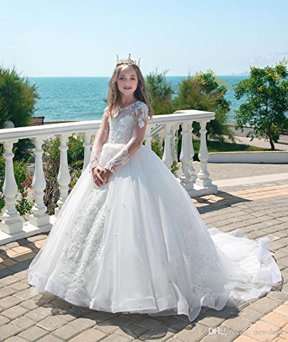 GZCYL Luxury Long Sleeves Lace Flower Girls Dresses 2024 Princess White Pageant Dress for Girls4