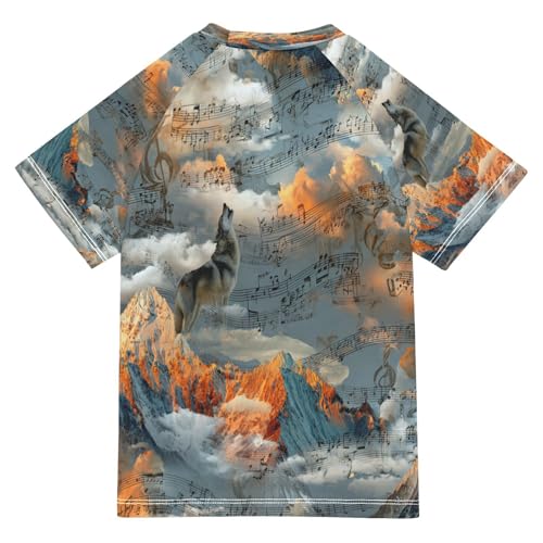 Boys Short Sleeve T-Shirts Wolf Music Note Rashguard Kids Swim Shirts Sun UPF 50+2