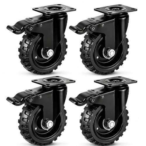 5 Roues de roulette de pouce avec double verrouillage de sécurité et roues de pneus en caoutchouc, lourd - 600 Lbs par roulette pour Workbench, chariot, trolley, dolly, armoire, roues de roulette en caoutchouc compact, 4-packs(noir)