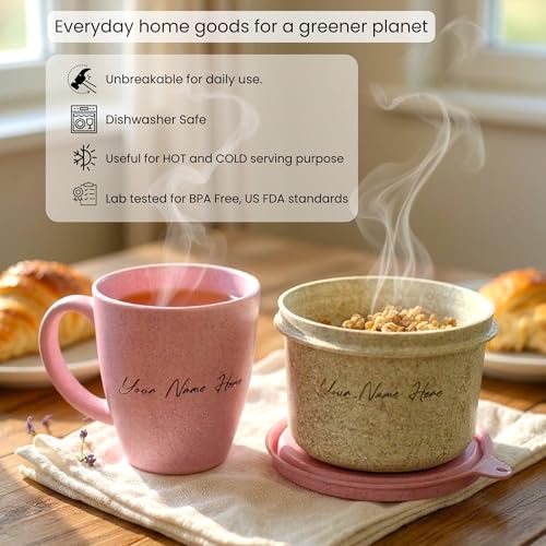 Image of Happy Cove Eco Friendly Rice Husk Wheat Straw Bamboo Fibre Coffee Mug & Snack Container - Personalized Gifts For Women | Customised Gifts For Women | Rakshabandhan Gift | Customized Gift | Chroma Pink
