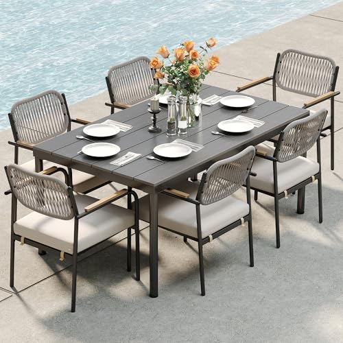 Ikea Falster Outdoor Dining Set Alternatives for Stylish Patio Comfort 1 DAYARUS Wicker Outdoor Dining Set for 6, Upholstered 7 Piece Patio Dining Set with Armrests, Modern Outdoor Dining Table Sets, Rectangular Patio Table and Chairs for Bistro/Balcony/Backyard, Beige