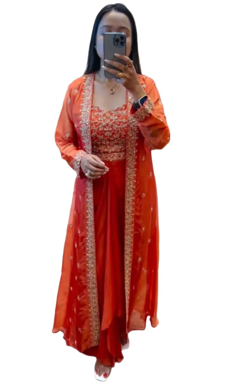 brand of brothers stor Wome's Embellished, Embroidered Heavy Chinon Shrug with Sarara and Embroidered Blouse-picture-33