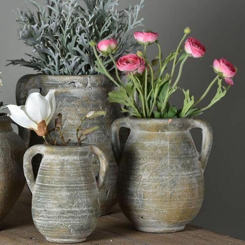 Grey Stone Jar with Handles, Stone Greek Style Whitewashed Rustic Urn Vase Planter, Vintage Style Jar, Rustic Weathered Large Pot, 2 Sizes (Medium)