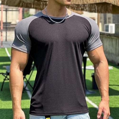 Mens Raglan Sleeve Summer T-Shirts Classic Basic Muscle Short-Sleeve Casual Slim Fit Color Block T Shirts (Black,Medium)2