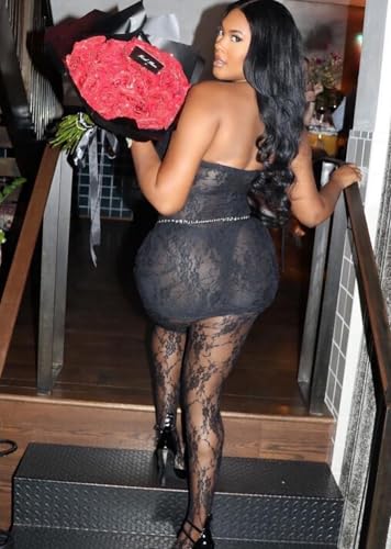 Image of Black Sexy Lace 2 Piece Mini Dress Set Outfit for Women Hollow Out with Stockings Set Clubwear Birthday Party Wear
