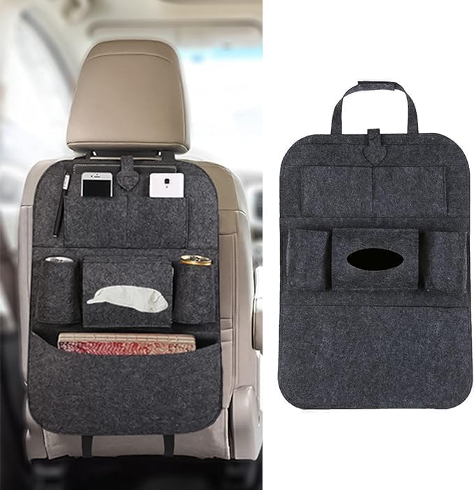 Car Back Seat Organizer with Tissue Holder Felt Car Seat Back Storage Bag with Tablet Pocket Bottle Holders Multi Pocket Travel Kick Mat for SUV Sedan Hatchback Car Interior Organizer Black-image-12